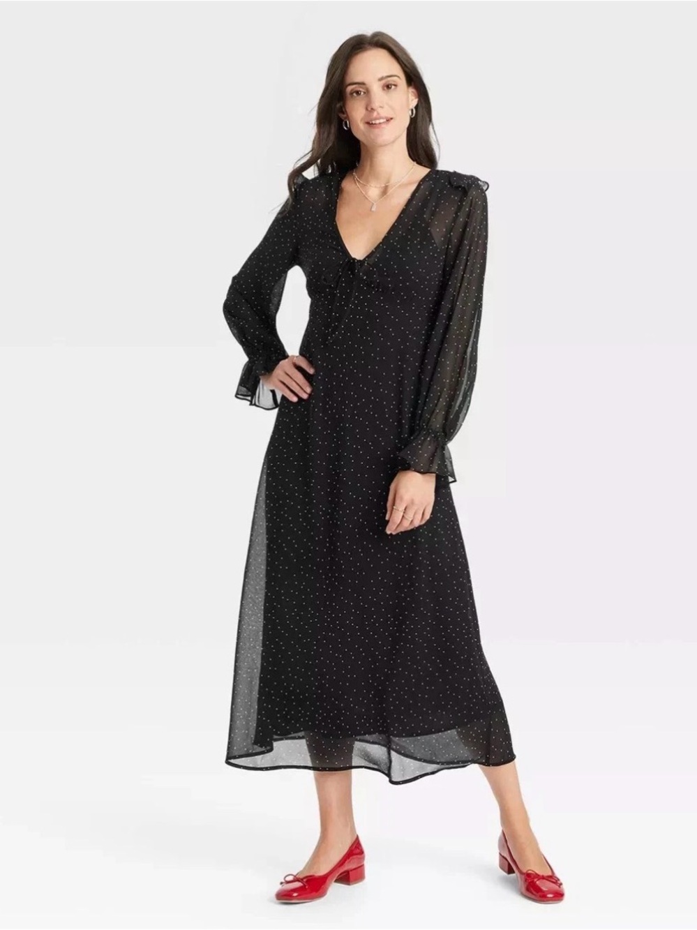 A new day Women's Long Sleeve Sheer Maxi Dress 
Color Black/White Polka Dots